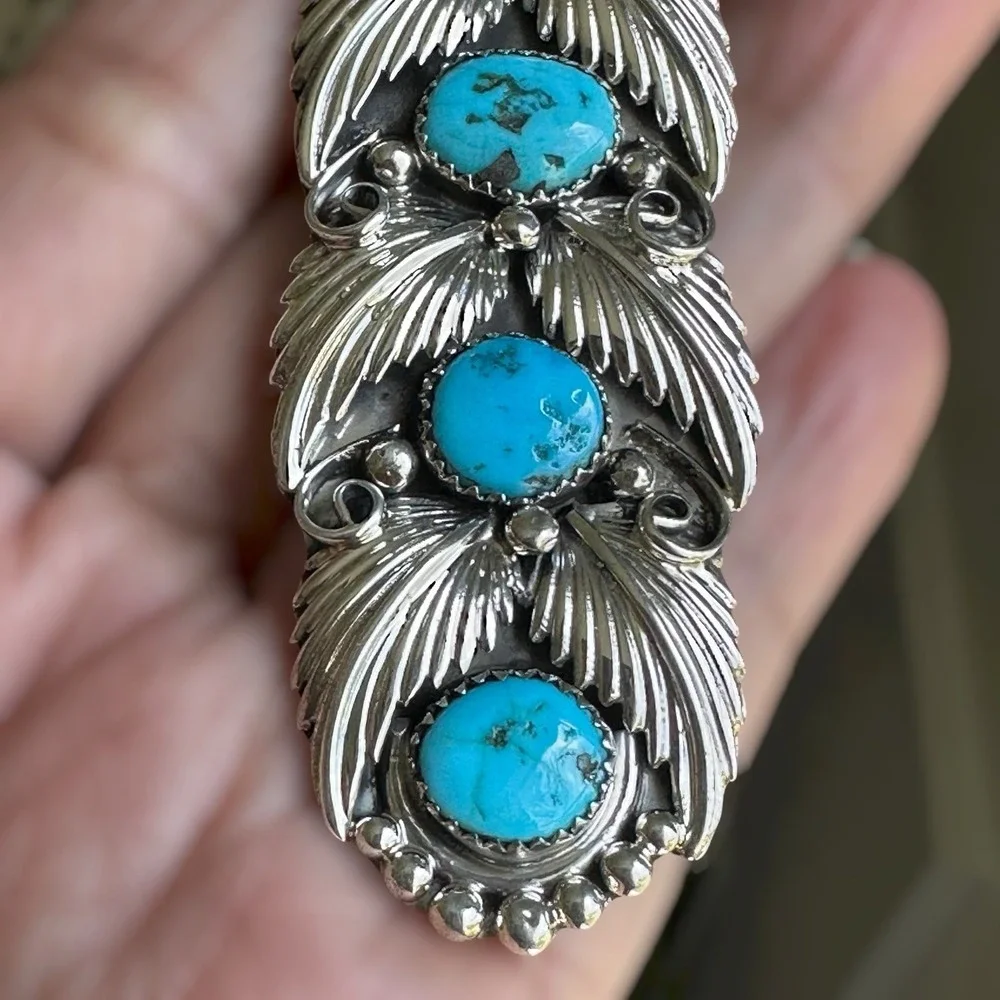 Vintage Running Bear RB Navajo Pendant 3.5 Inch Turquoise 925 Sterling 19.6g NOS